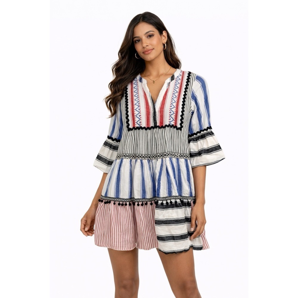 Devotion Designer Boho Peasant Top XS Embroidered Striped Tiered Greek Tunic Top
